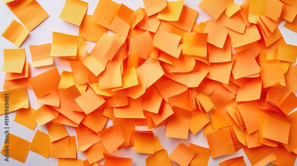 Poster An unorganized spread of orange sticky notes on a white desk, representing a creative brainstorming session with ideas in motion