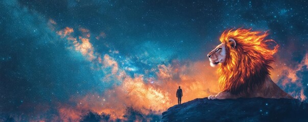 Lion with fiery mane blending into the Milky Way, celestial and commanding presence