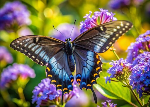 Pipevine Swallowtail Butterfly on Purple Flowers in Park - Documentary Style