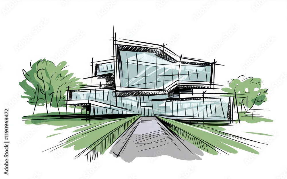 Canvas Prints Modern Architectural Sketch Of A Glass House With Trees