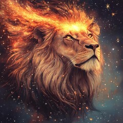 Fototapeta premium Lion with fiery stardust streaming from its mane, cosmic elements swirling around