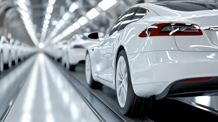 Fototapeta premium A modern white electric car on a production line in a sleek, futuristic manufacturing facility.