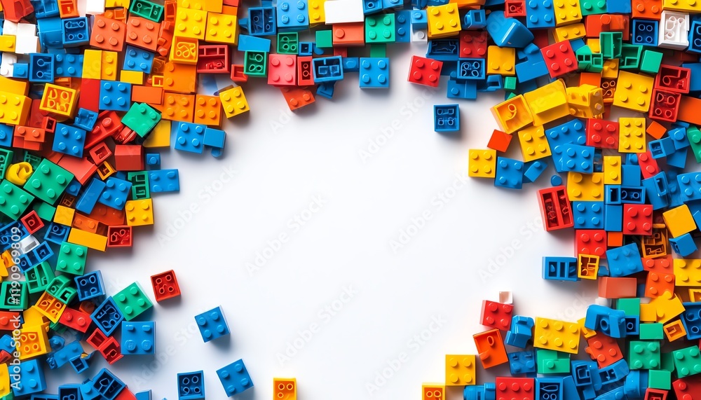 Aufkleber white background, vibrant pile of colorful blocks scattered, different shapes and sizes, neatly arra