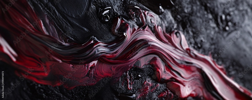 Poster red and black paint mixing, creating an abstract pattern