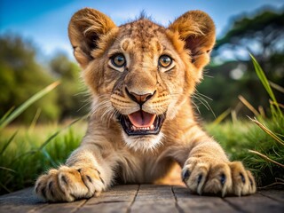 Obraz premium Playful Lion Cub Ready to Pounce: Candid Wildlife Photo