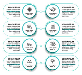 8 steps infographic template with 8 options. Flowchart that can be used for business report, data visualization and presentation. Timeline infographic elements vector illustration.