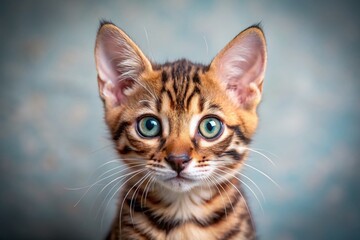 Playful Spotted Bengal Kitten with Big Eyes, Fluffy Fur, Showing Teeth - Stock Photo