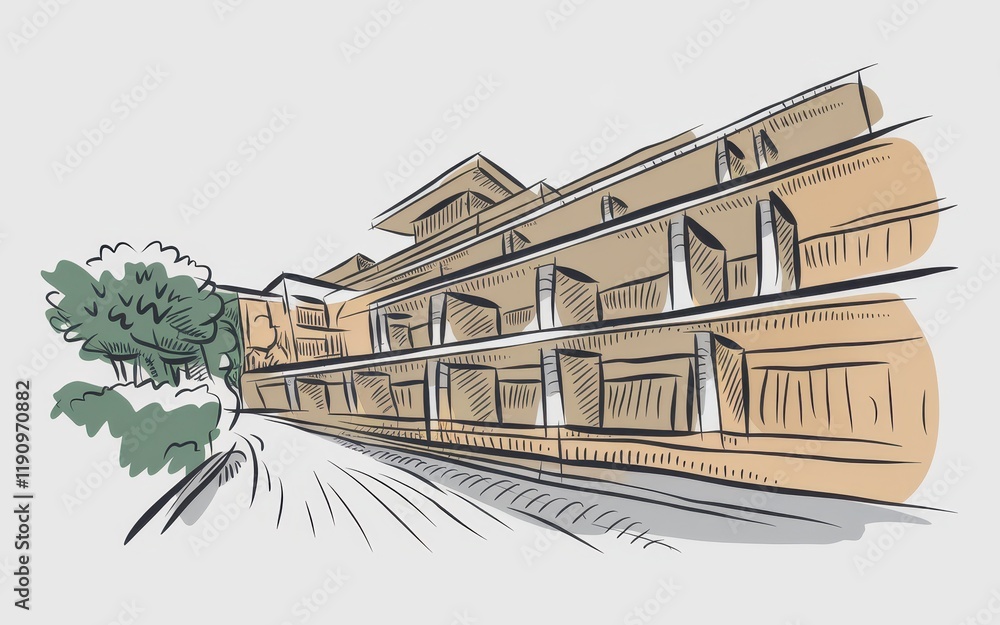 Poster sketch of a multistory building with trees and a road