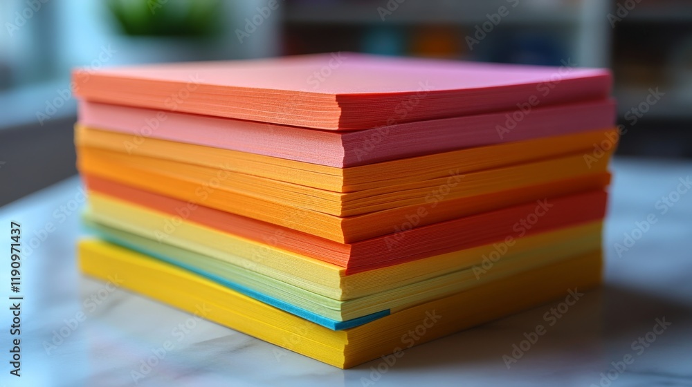 Poster brightly colored stack of paper sheets arranged on a surface, perfect for creative projects and note