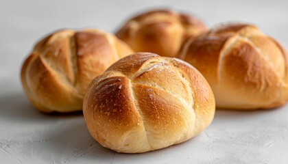 Four freshly baked bread rolls with a crispy crust on a light grey background.