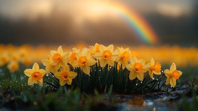 Daffodils bloom under a vibrant sunset with a rainbow in the background of a serene landscape