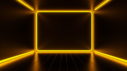 An empty room with a futuristic and dark design decorated with yellow neon.