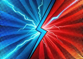 Red and blue halftone clash! Explosive macro pop art battle backdrop for fierce competition.