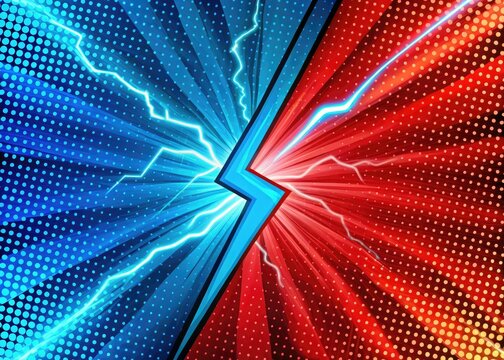 Red and blue halftone clash! Explosive macro pop art battle backdrop for fierce competition.