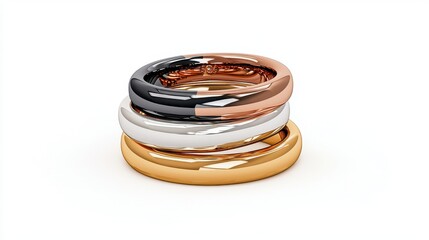 A stylish stack of mixed metal rings featuring gold, silver, and black finishes, showcasing modern jewelry design.