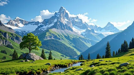 A serene snowy mountain range under a pastel blue sky dotted with fluffy clouds. A bubbling stream meanders through the lush foreground landscape