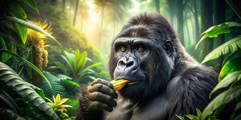 Fototapeta premium Powerful Gorilla Eating Banana: Double Exposure Wildlife Stock Photo