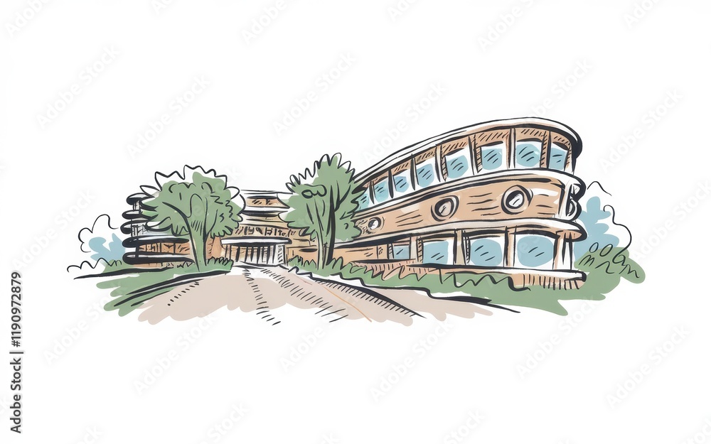 Poster Modern building campus sketch with trees and pathway