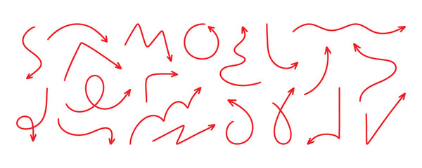 Doodle arrow elements. Hand drawn simple red arrows. Arrows to create stylish trendy design or decor, direction indication. Vector illustrations isolated on white background. Hand drawn arrows set