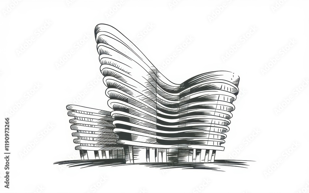 Poster modern architectural sketch of a wave shaped building