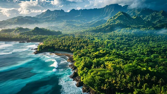 Breathtaking coastal landscape showcases lush greenery and vibrant blue waters at a tropical location