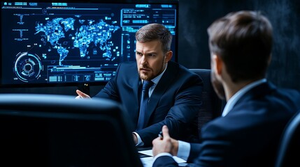 Two professionals engaged in a serious discussion in a high-tech office with global data analysis