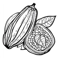 Fototapeta premium Tropical cacao pod illustration, halved, showing seeds; leaves; white background; food packaging