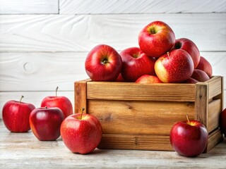 Rustic wooden box overflows with juicy apples, inviting text placement against a rich fruit background.