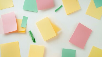 Fototapeta premium Pastel notes scattered on white desk, planning