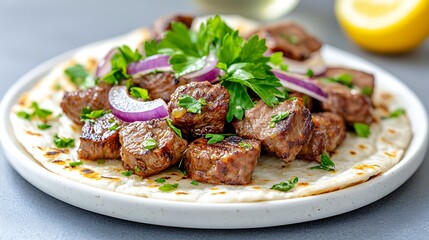 Grilled Beef Cubes with Red Onion and Parsley on Flatbread