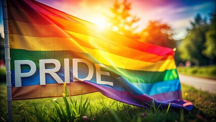 Pride Month Background: Colorful LGBTQ+ Flag Text Overlay, Documentary Style Photo