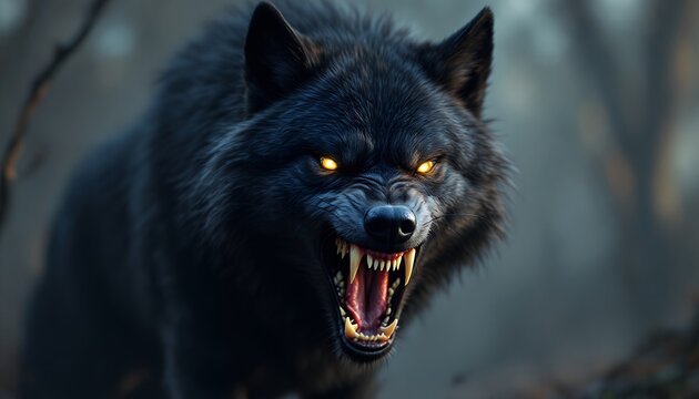 Fierce Black Wolf in the Dark Forest