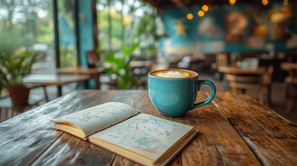 Sagittarius-Themed Travel Journal with Coffee in a Cozy Cafe. Generative AI