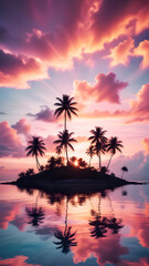 Obraz premium Serene Pink Sunset over Tropical Island with Silhouette of Palm Trees and Still Water Reflection