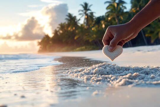 A hand carefully forms a heart shape from wet sand on a serene beach at sunset, surrounded by gentle waves and palm trees in the background, evoking warmth and affection