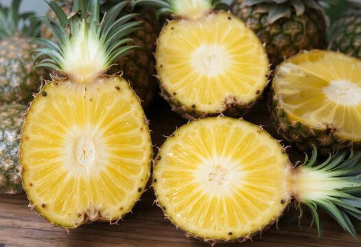 Whole and Sliced Pineapples Arranged on Rustic Wood