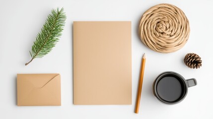 A cozy flat lay featuring stationery items: a blank notepad, an envelope, a pencil, a coffee cup, and natural elements like a pinecone and sprig.