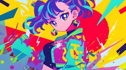 A fashionable girl in a colorful anime design, standing out in her bold, retro fashion