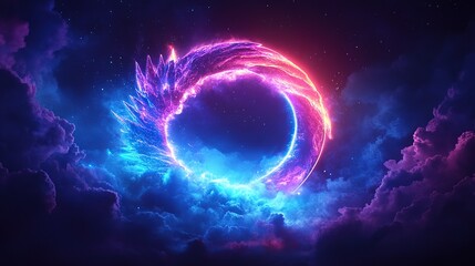 Obraz premium Glowing circular energy ring in cosmic clouds.