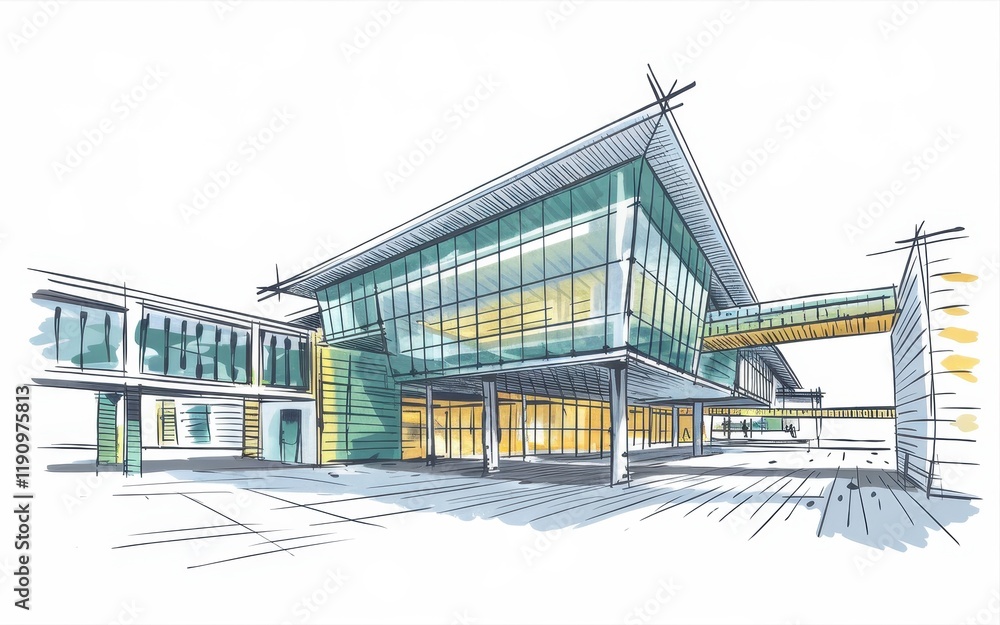 Poster modern architectural design sketch of a building complex
