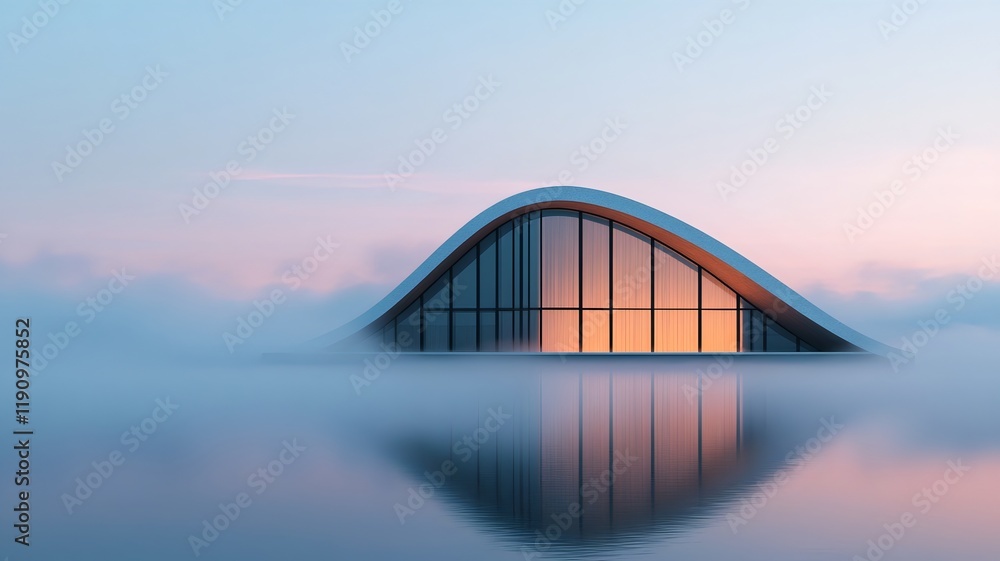 Poster futuristic curvilinear glass structure surrounded by soft fog,creating a mystical and serene mood