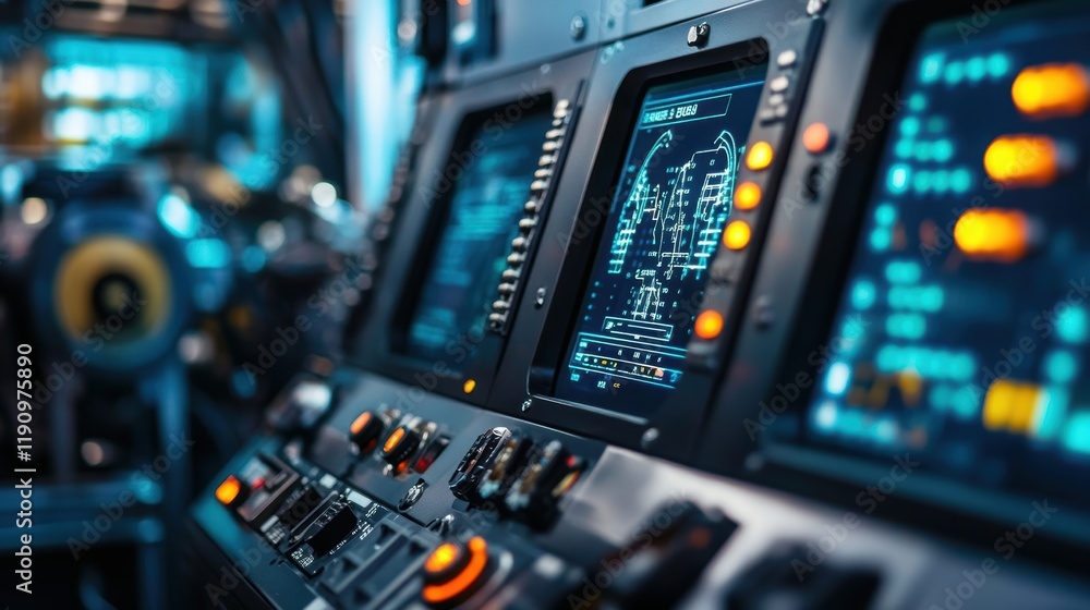 Poster futuristic control panel displaying complex data and diagrams in a modern manufacturing facility, sh