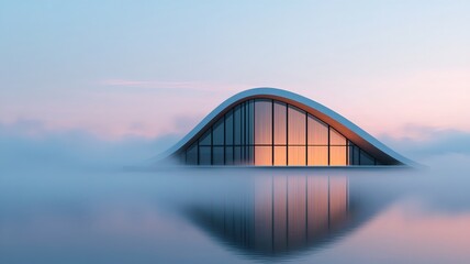 Obraz premium Futuristic Curvilinear Glass Structure Surrounded by Soft Fog,Creating a Mystical and Serene Mood