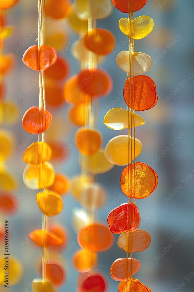 Poster abstract bokeh texture background with orange and yellow garland circles on a blurred background.