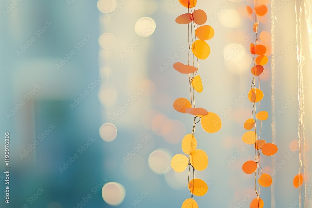 Poster abstract bokeh texture background with orange and yellow garland circles on a blurred background.
