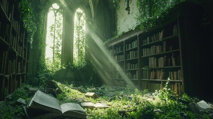 abandoned library with tall bookshelves filled with dusty books.