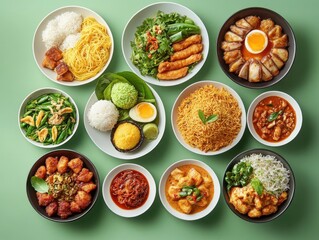 A Colorful Assortment of Delicious Asian Dishes Including Noodles, Fried Rice, Dim Sum, and Fresh Vegetables Perfect for Food Lovers and Culinary Enthusiasts