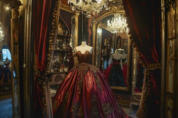 Fototapeta premium Elegant dress displayed in a vintage boutique with ornate mirrors and chandeliers.