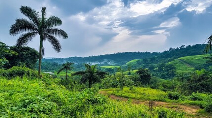 Obraz premium Serene Tropical Hillscape: Lush Vegetation and Majestic Palms