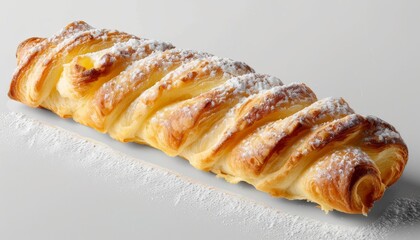 Fototapeta premium A flaky pastry filled with custard, dusted with powdered sugar.